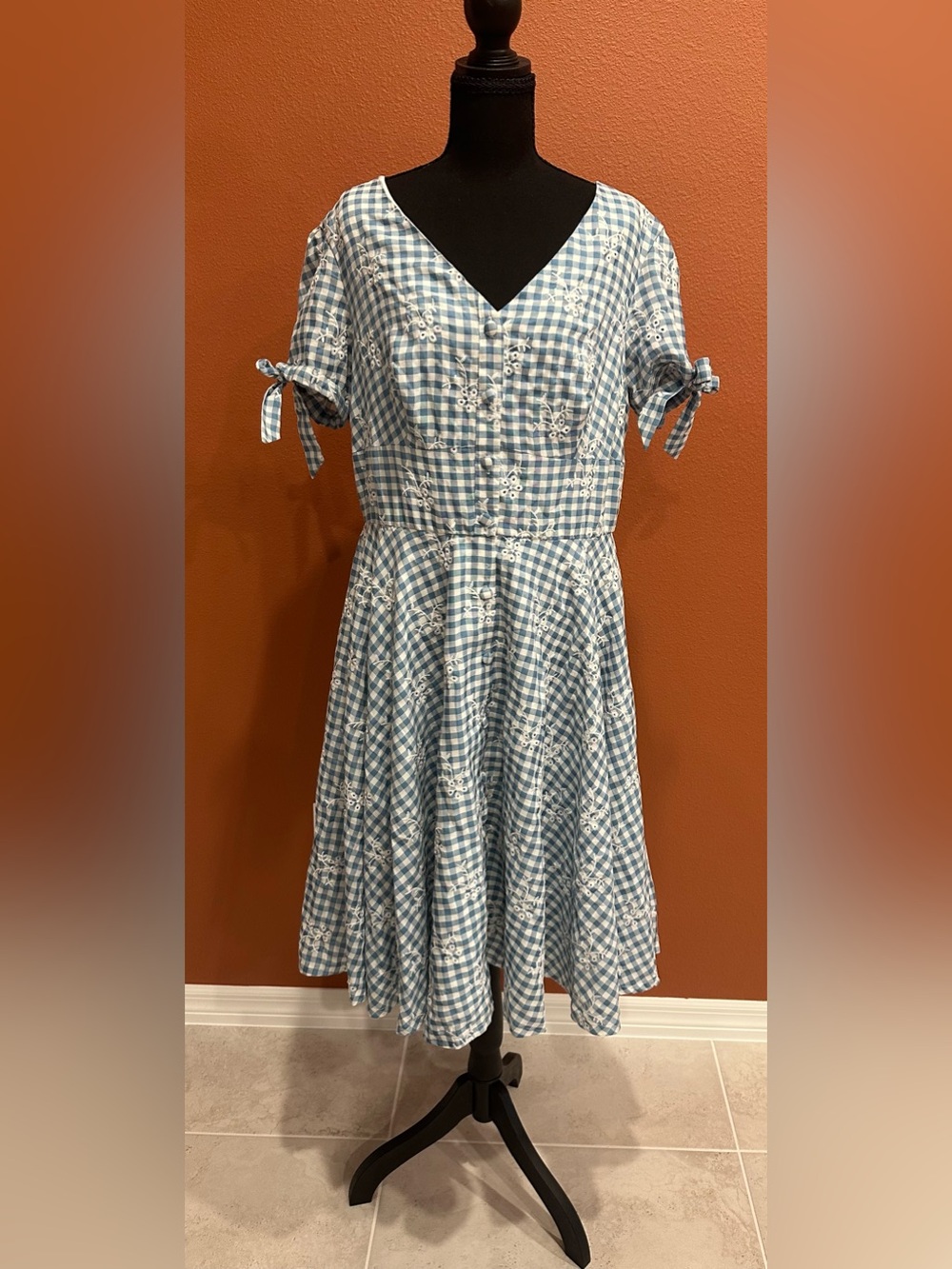 Blue Gingham Floral Embroidered Women’s Dress